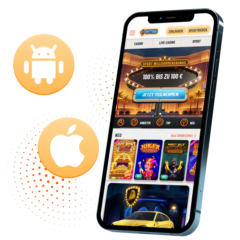 Installieren Sie die Wyns Online-Casino-App auf Ihrem Smartphone, um überall spielen zu können.