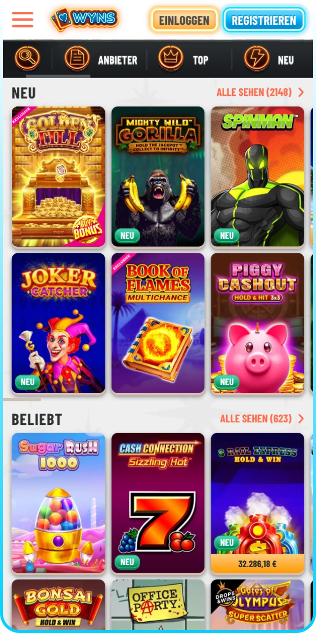 Das Wyns Online-Casino bietet Spiele von Top-Anbietern.