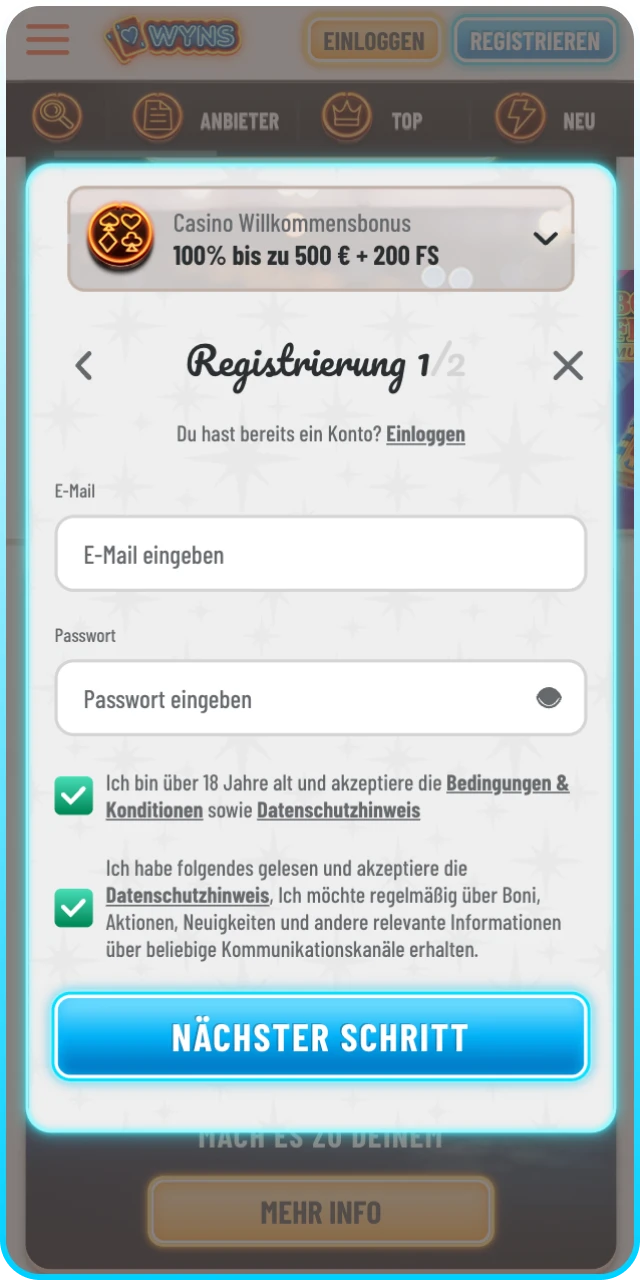 Registrieren Sie sich im Wyns Online-Casino, um auf alle Spiele zuzugreifen.