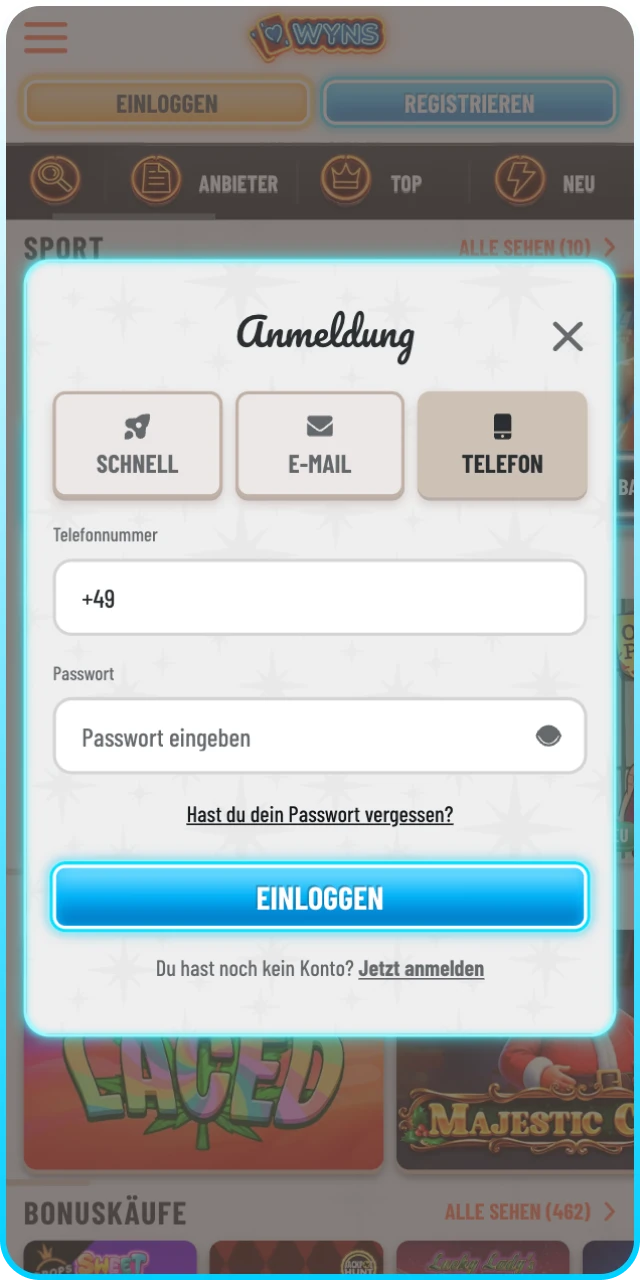 Loggen Sie sich in Ihr Wyns Konto für eine Auszahlung ein.