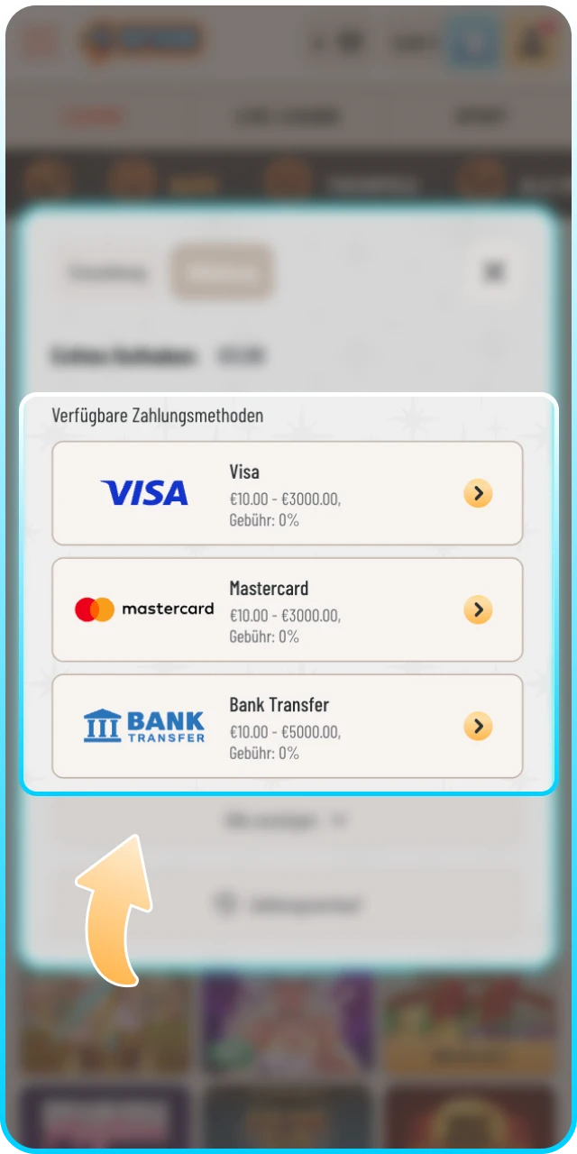 Wählen Sie eine sichere Zahlungsmethode für Ihre Wyns Auszahlung aus.
