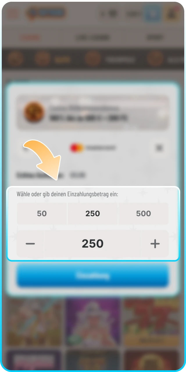 Geben Sie den gewünschten Einzahlungsbetrag bei Wyns ein und fahren fort.