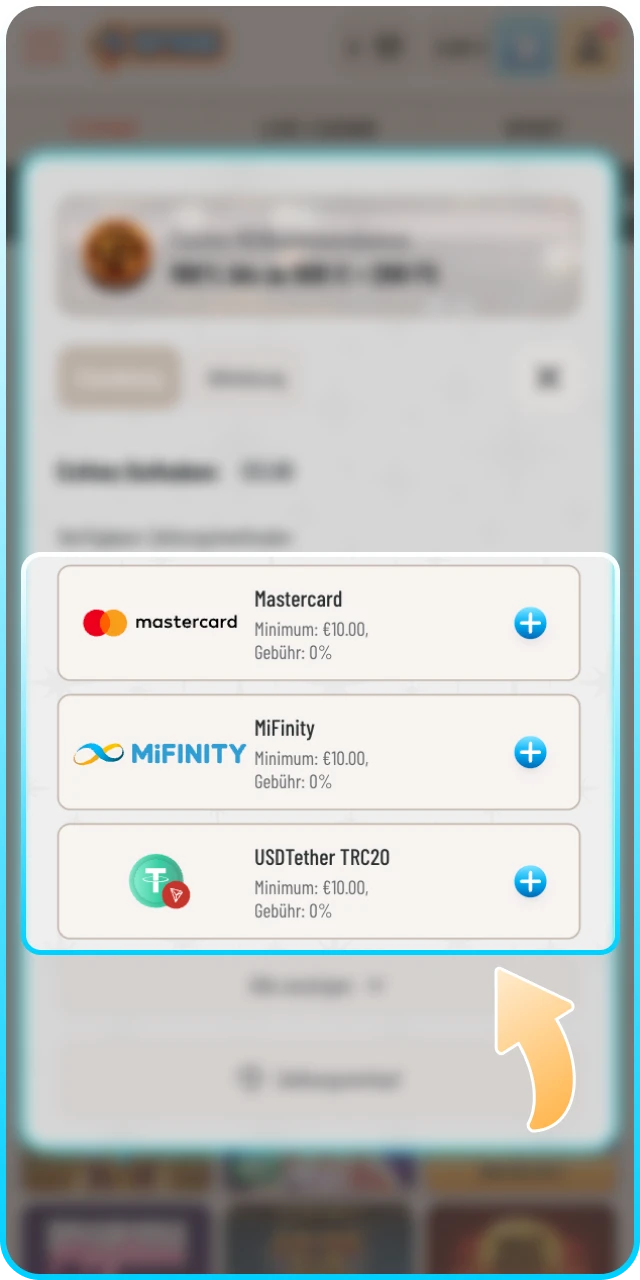 Wählen Sie eine bequeme Zahlungsmethode für Ihr Wyns Konto aus.