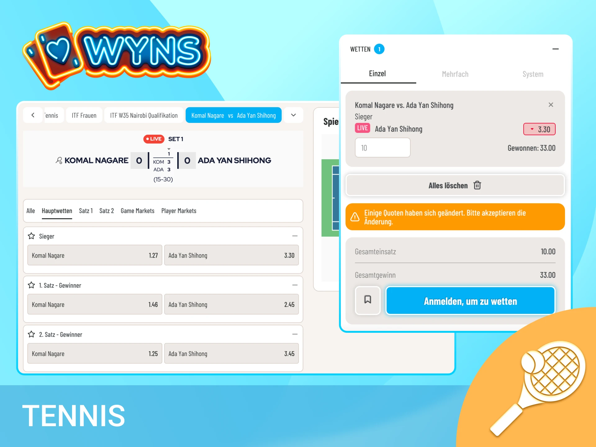 Platziere deine Wetten auf Tennis im Wyns Live Casino und gewinne groß.