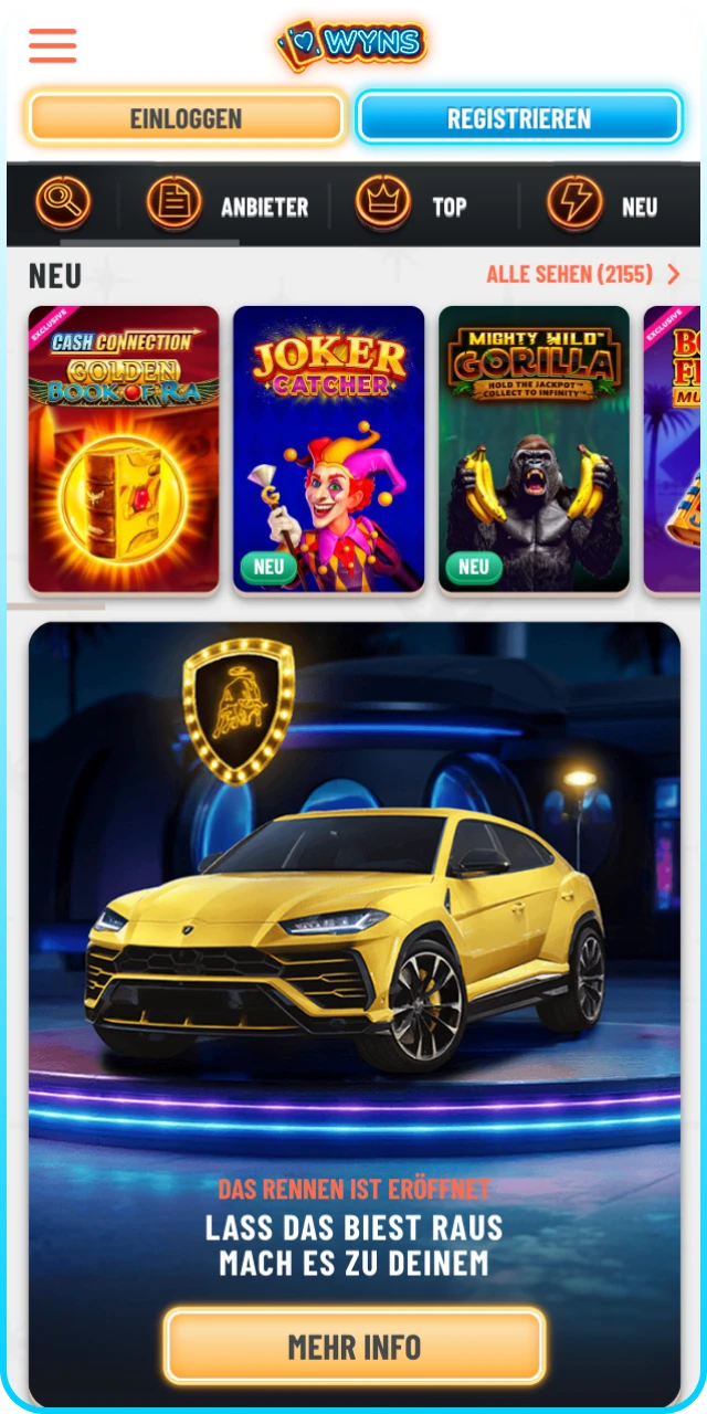 Öffnen Sie die Wyns-Seite auf Ihrem Handy für exklusive Jackpot Spiele.