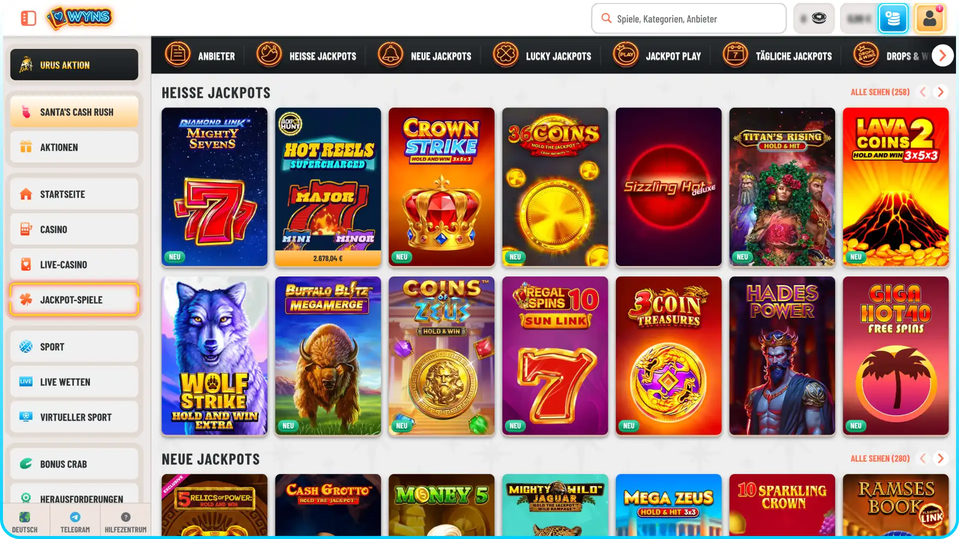 Wählen Sie Ihre Einsatzhöhe bei Wyns und spielen Sie um Jackpots.