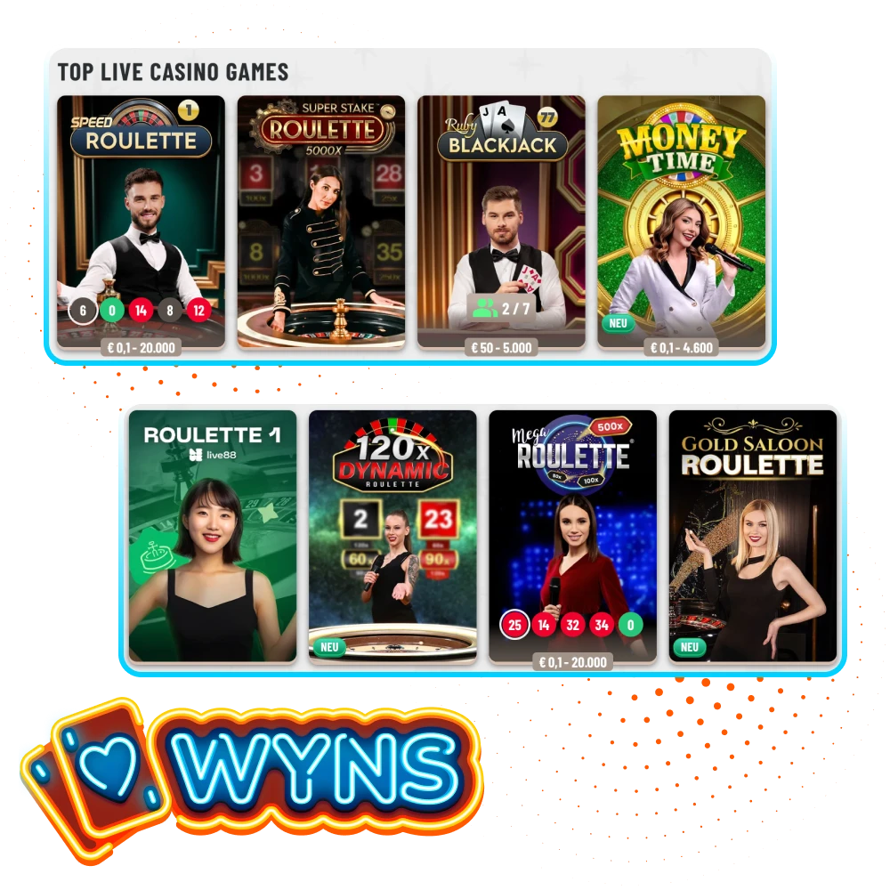 Informieren Sie sich über das Spielangebot im Live-Casino-Bereich des Wyns Online-Casinos.
