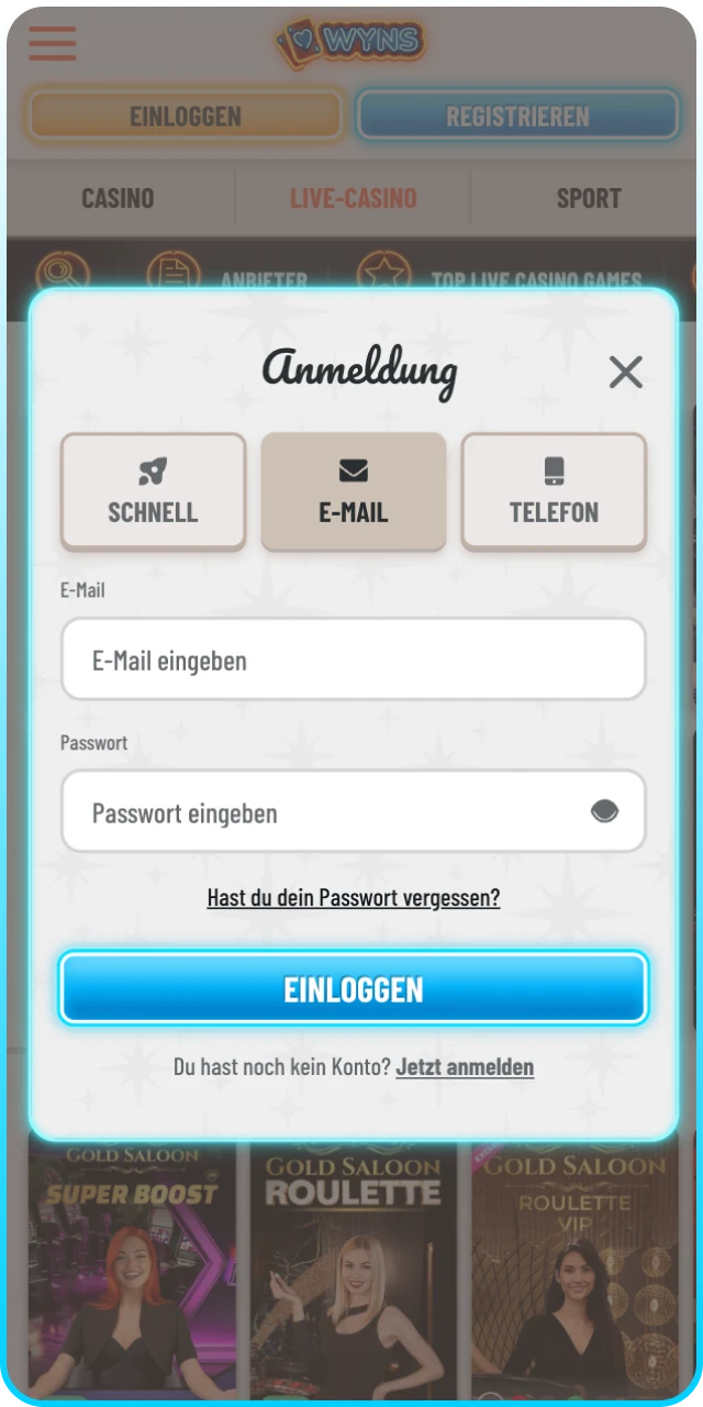 Loggen Sie sich in Ihr Konto bei Wyns ein um loszulegen.