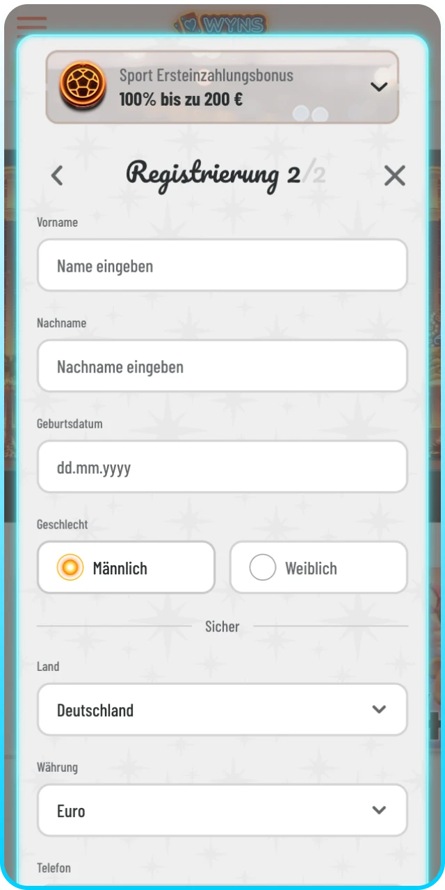 Geben Sie die erforderlichen Informationen für Ihr neues Wyns Konto ein.