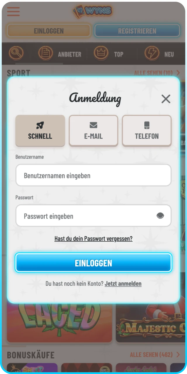 Melden Sie Sich bei Ihrem Konto an um Wyns Slots zu genießen.