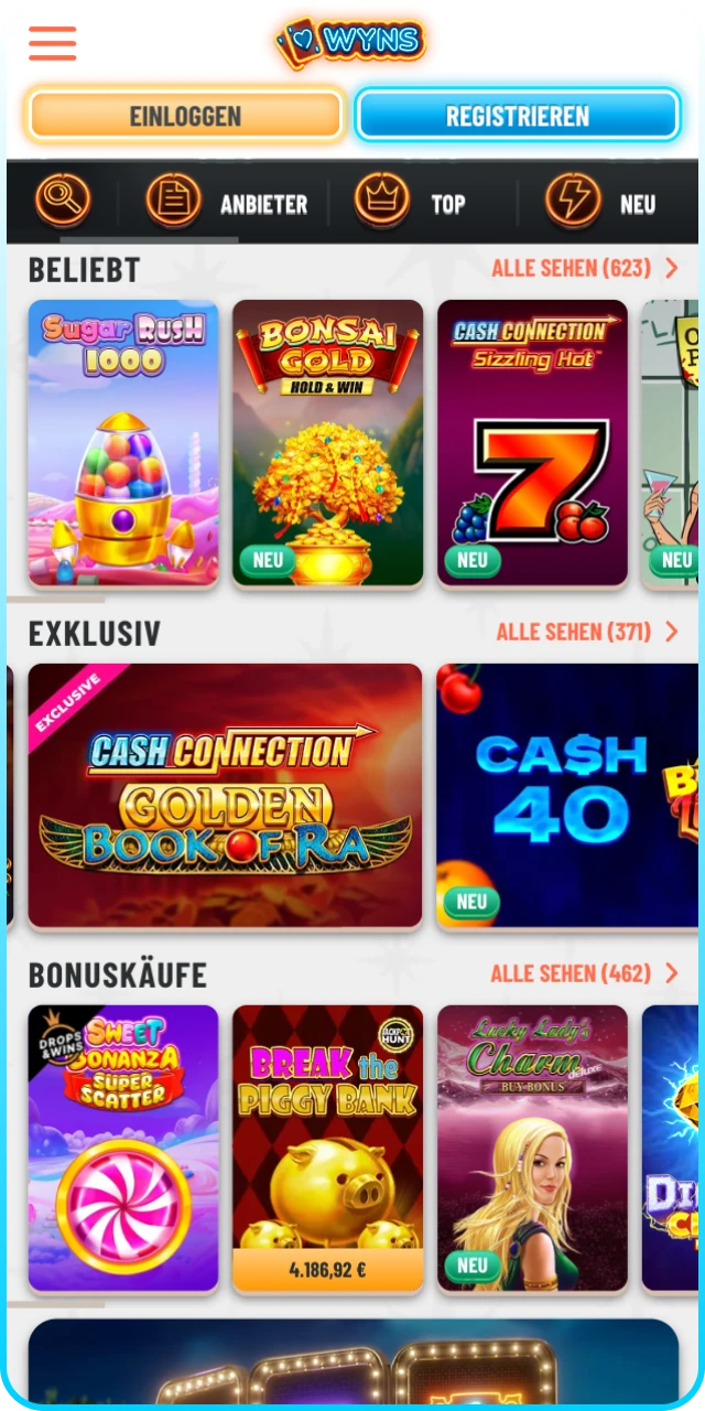 Öffnen Sie auf dem Handy die Wyns Webseite für mobile Slots.