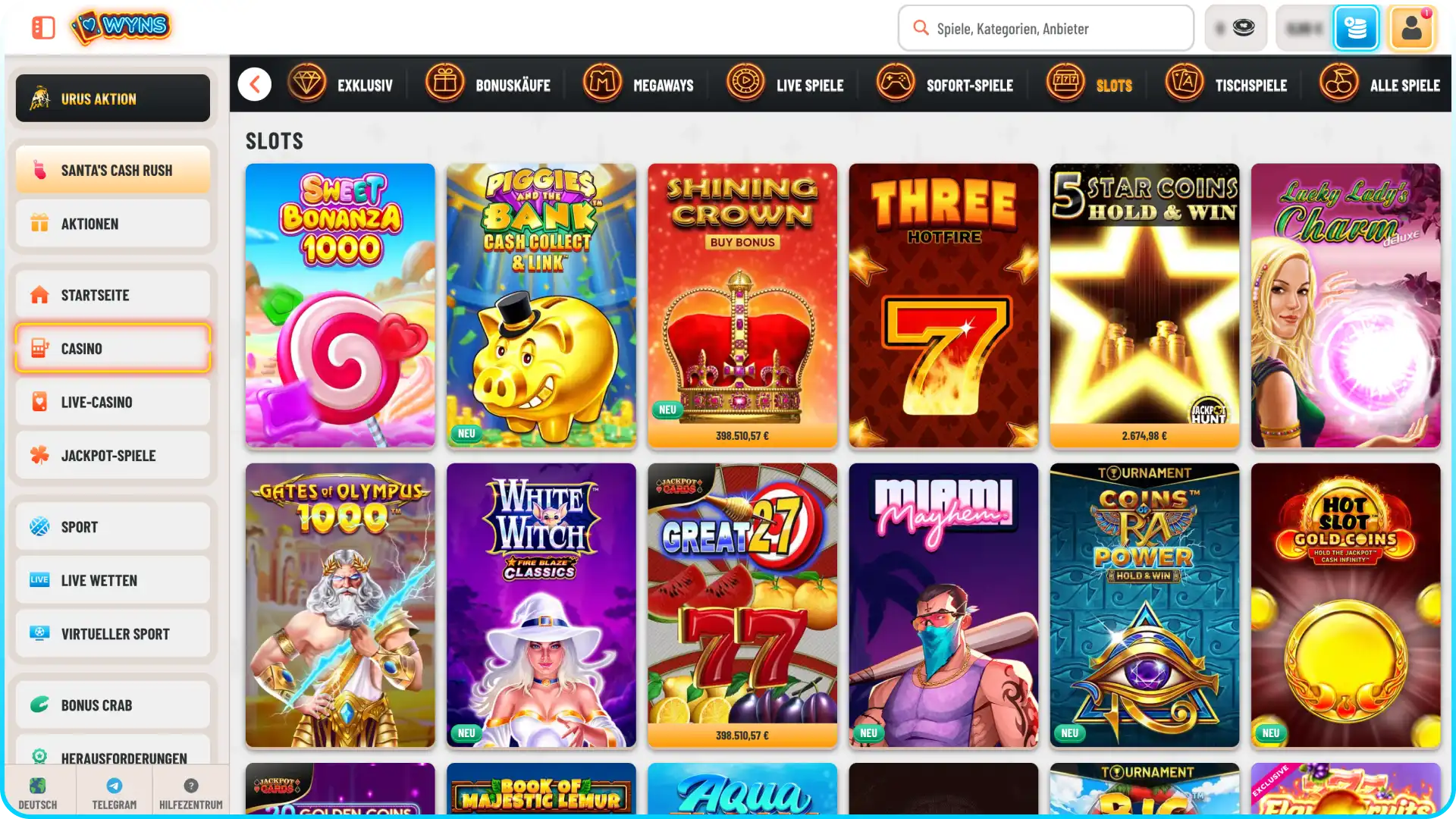 Wählen Sie einen Slot bei Wyns aus und starten Sie die Walzen.