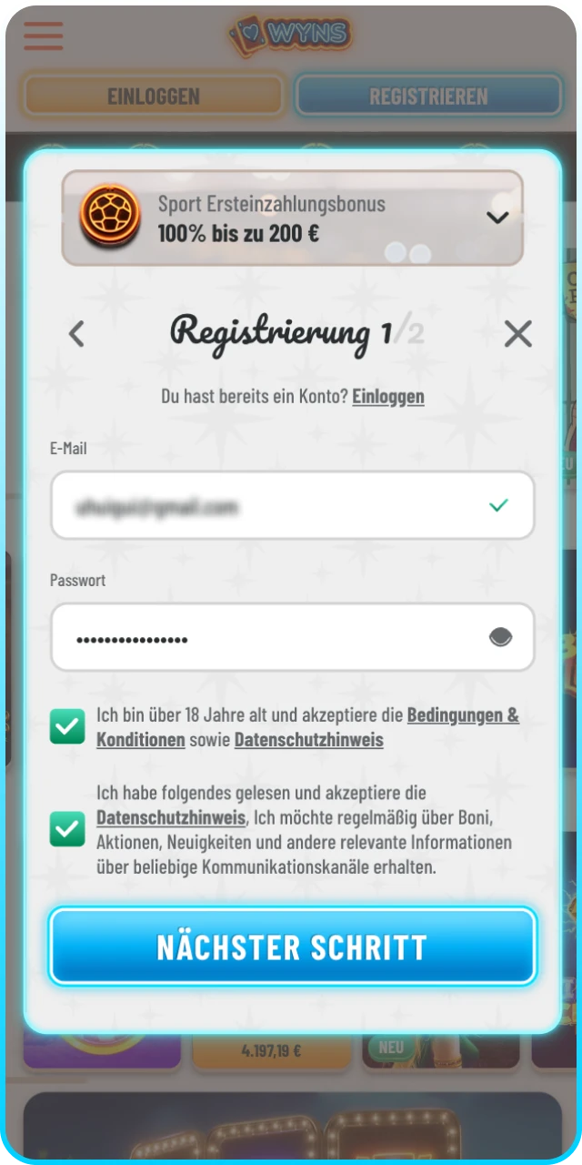 Erstellen Sie ein Konto bei Wyns und starten Sie Sportwetten.