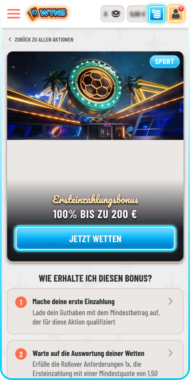 Aktivieren Sie Ihren Willkommensbonus bei Wyns für spannende Sport Events.