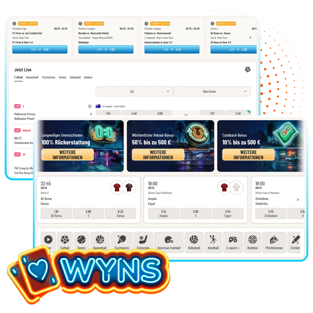 Finden Sie heraus, auf welche Sportarten Sie im Wyns Online-Casino wetten können.