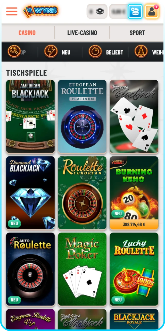 Starte Deine Session bei Wyns und gewinnen Sie bei Table Games.